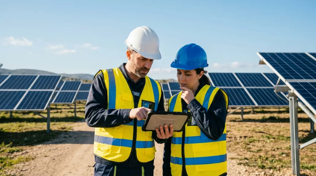 Ingenieros Revisando Planta Fotovoltaica Industrial